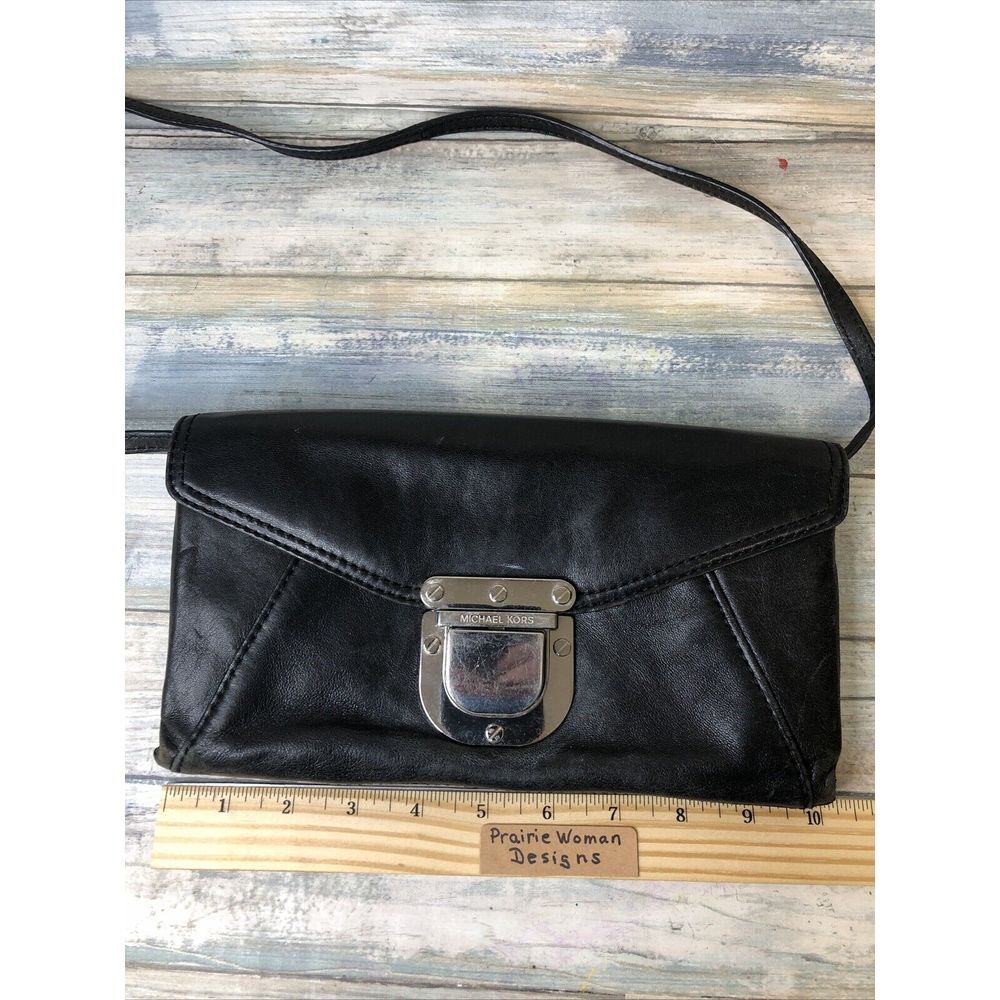Vintage Michael Kors MK Women Clutch Purse Shoulder‎ Leather Black Preowned
